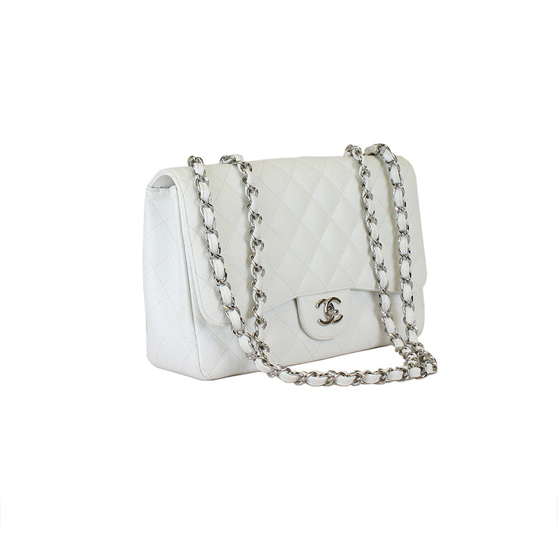 Chanel Classic White Caviar Jumbo Single Flap Bag SHW