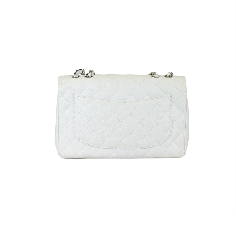 Chanel Classic White Caviar Jumbo Single Flap Bag SHW