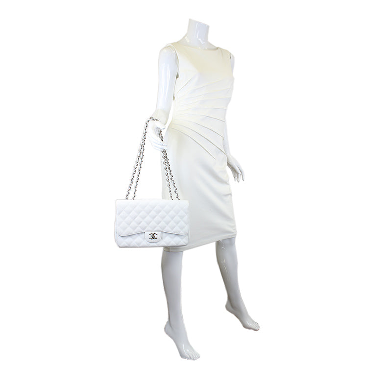 Chanel Classic White Caviar Jumbo Single Flap Bag SHW