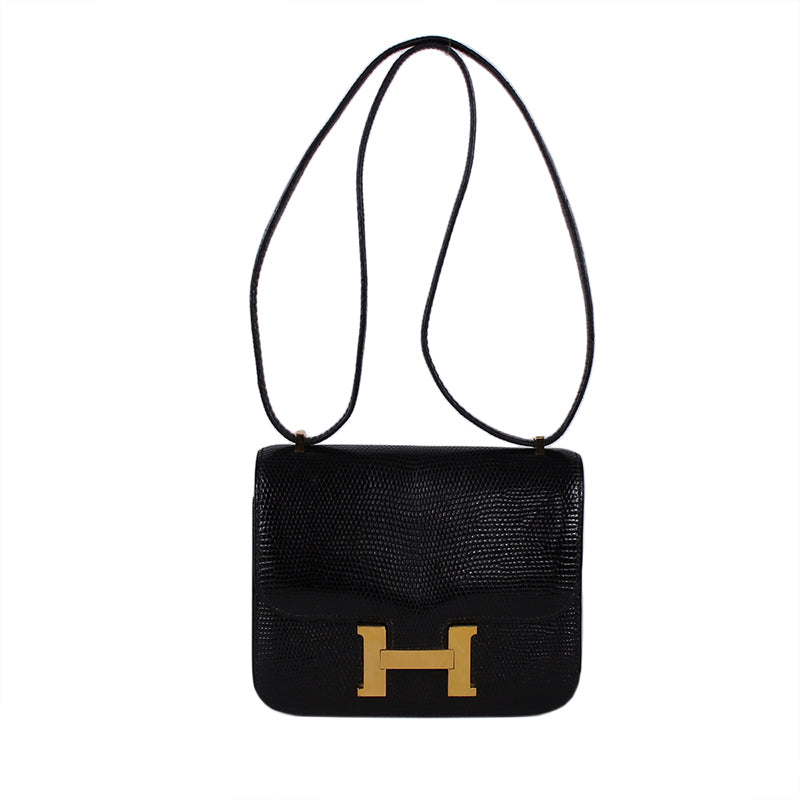 Hermes Black Lizard Constance 18 Double Gusset Flap Bag