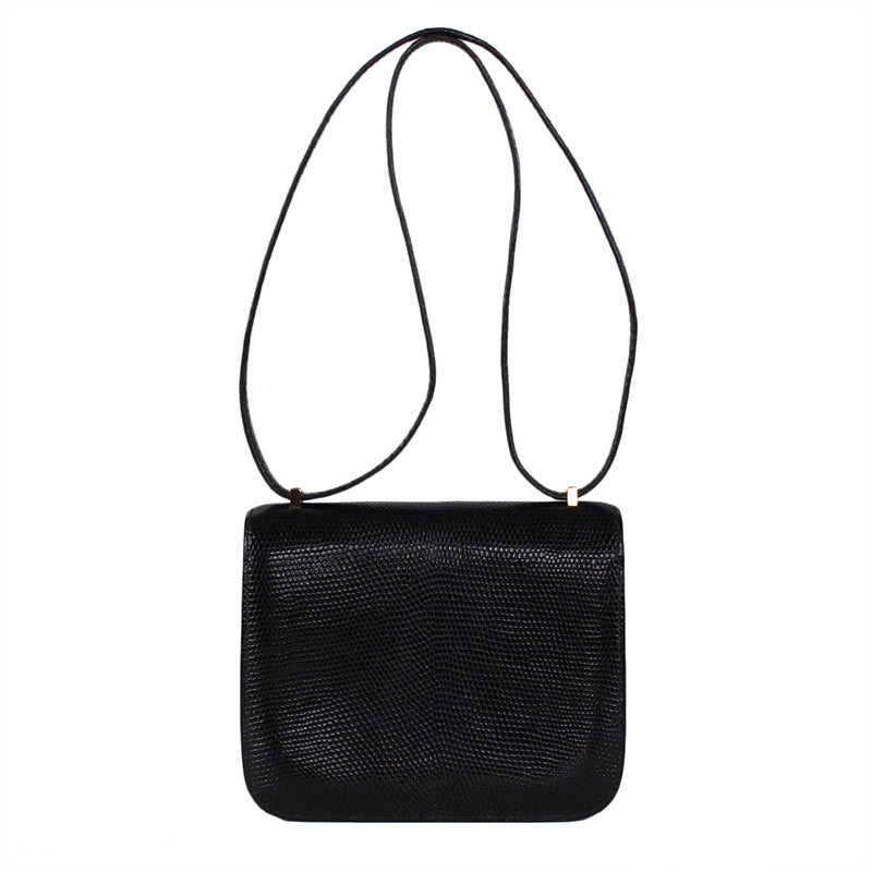 Hermes Black Lizard Constance 18 Double Gusset Flap Bag