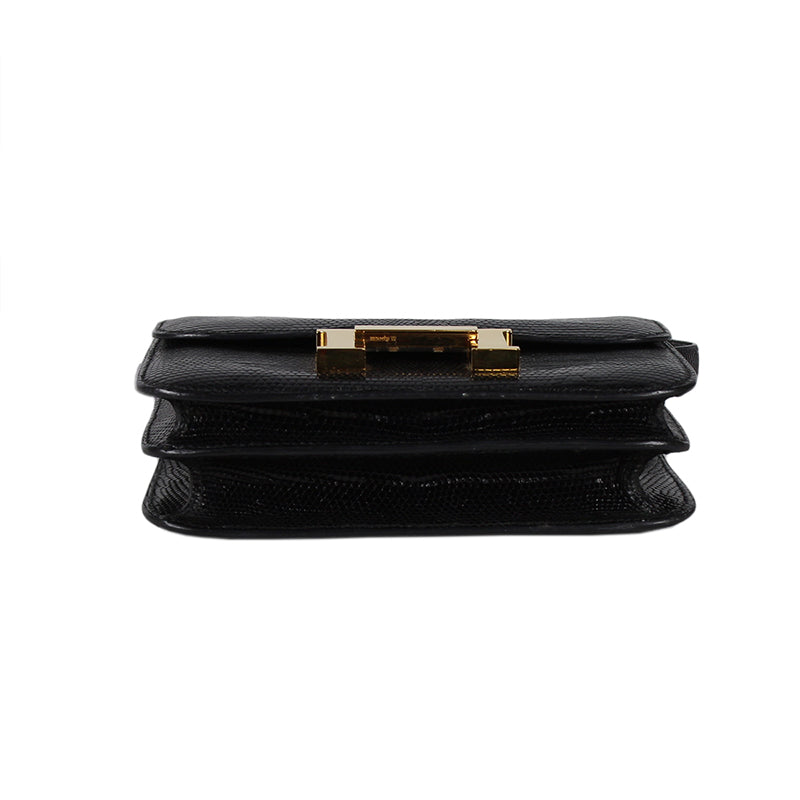 Hermes Black Lizard Constance 18 Double Gusset Flap Bag