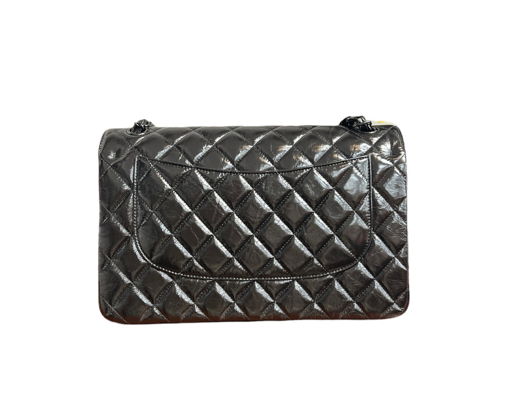 Chanel So Black Shiny Distressed Calfskin Quilted Jumbo Double Flap