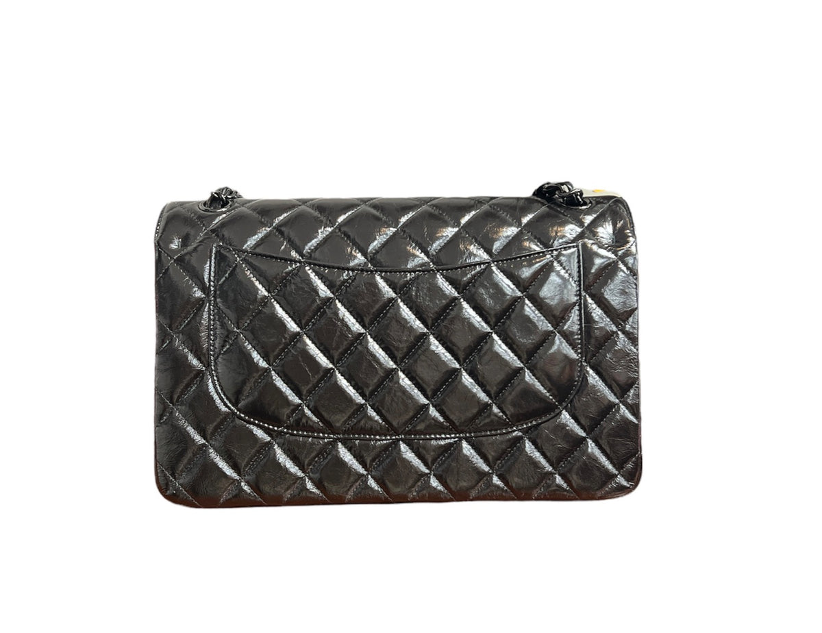Chanel So Black Shiny Distressed Calfskin Quilted Jumbo Double Flap