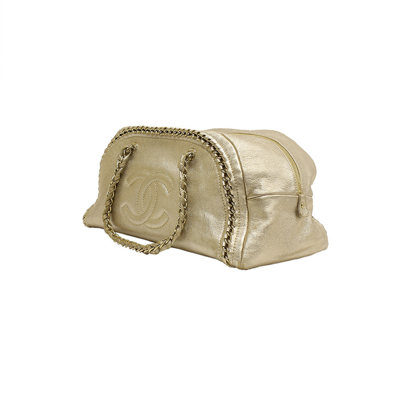 Chanel Gold Distressed Leather Ligne Modern Chain Large Bowler Bag