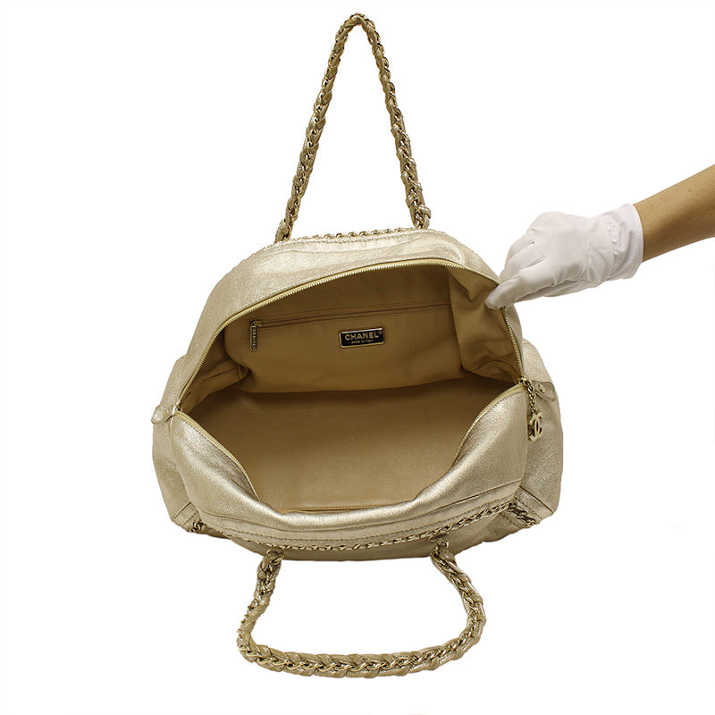 Chanel Gold Distressed Leather Ligne Modern Chain Large Bowler Bag