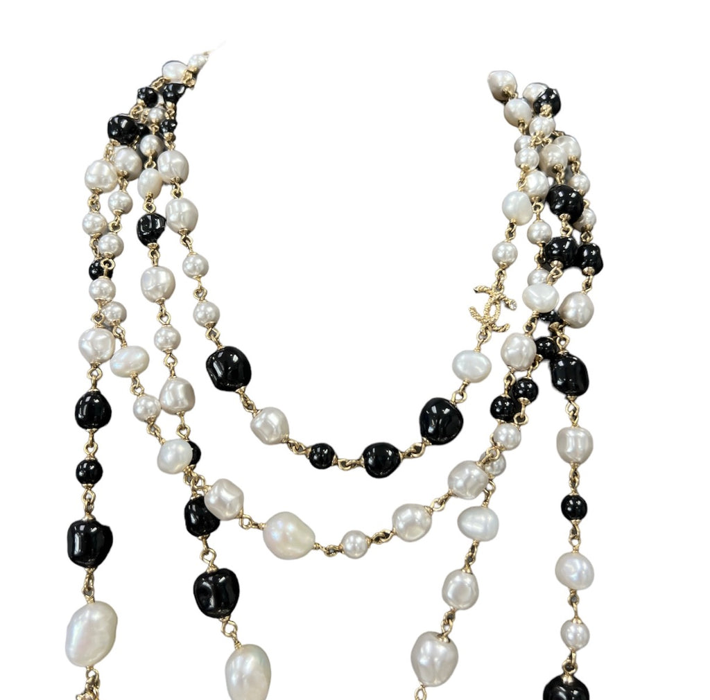 Chanel Multi Strand CC Necklace Crystal Embellished Metal with Faux Pearls