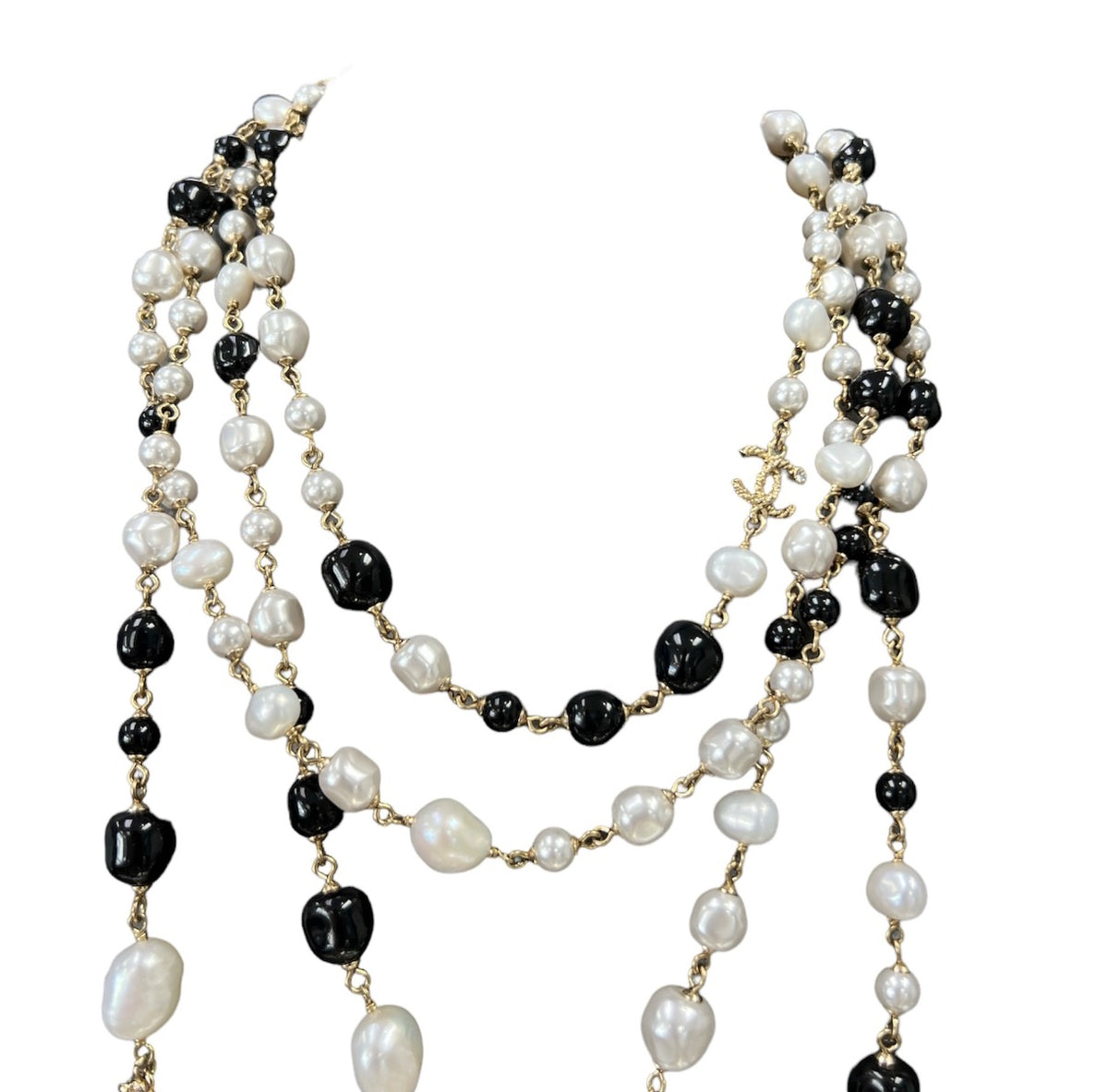 Chanel Multi Strand CC Necklace Crystal Embellished Metal with Faux Pearls