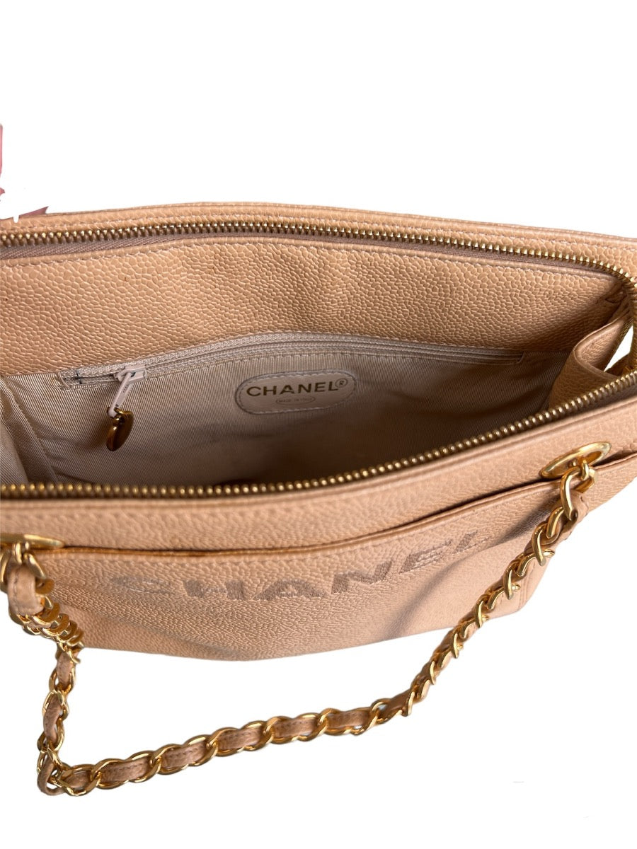 Chanel  Vintage Beige Caviar Logo Chain  small Tote Bag