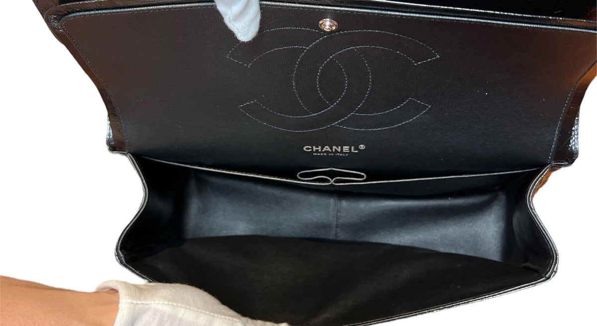 Chanel So Black Shiny Distressed Calfskin Quilted Jumbo Double Flap