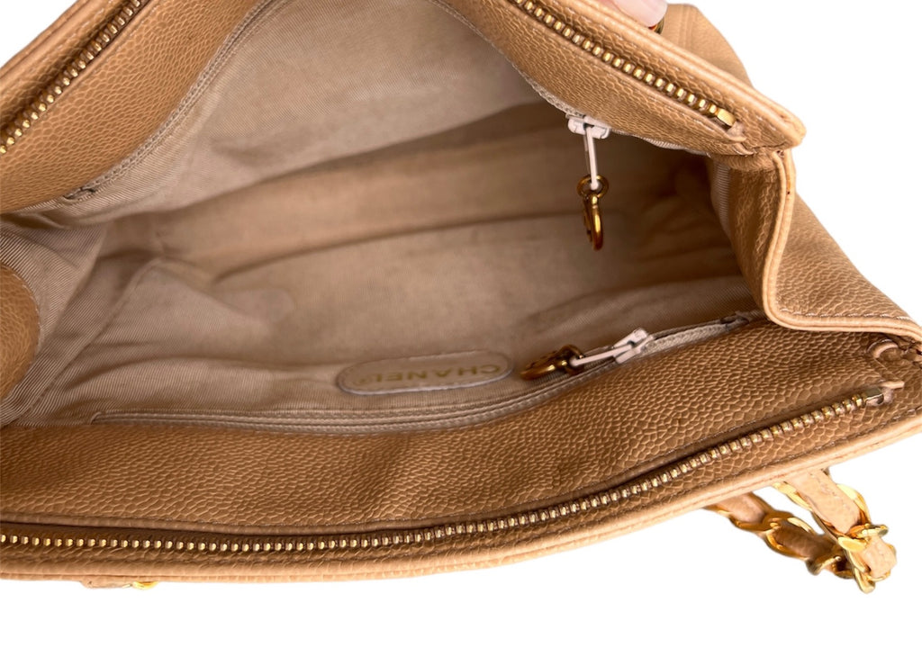 Chanel  Vintage Beige Caviar Logo Chain  small Tote Bag