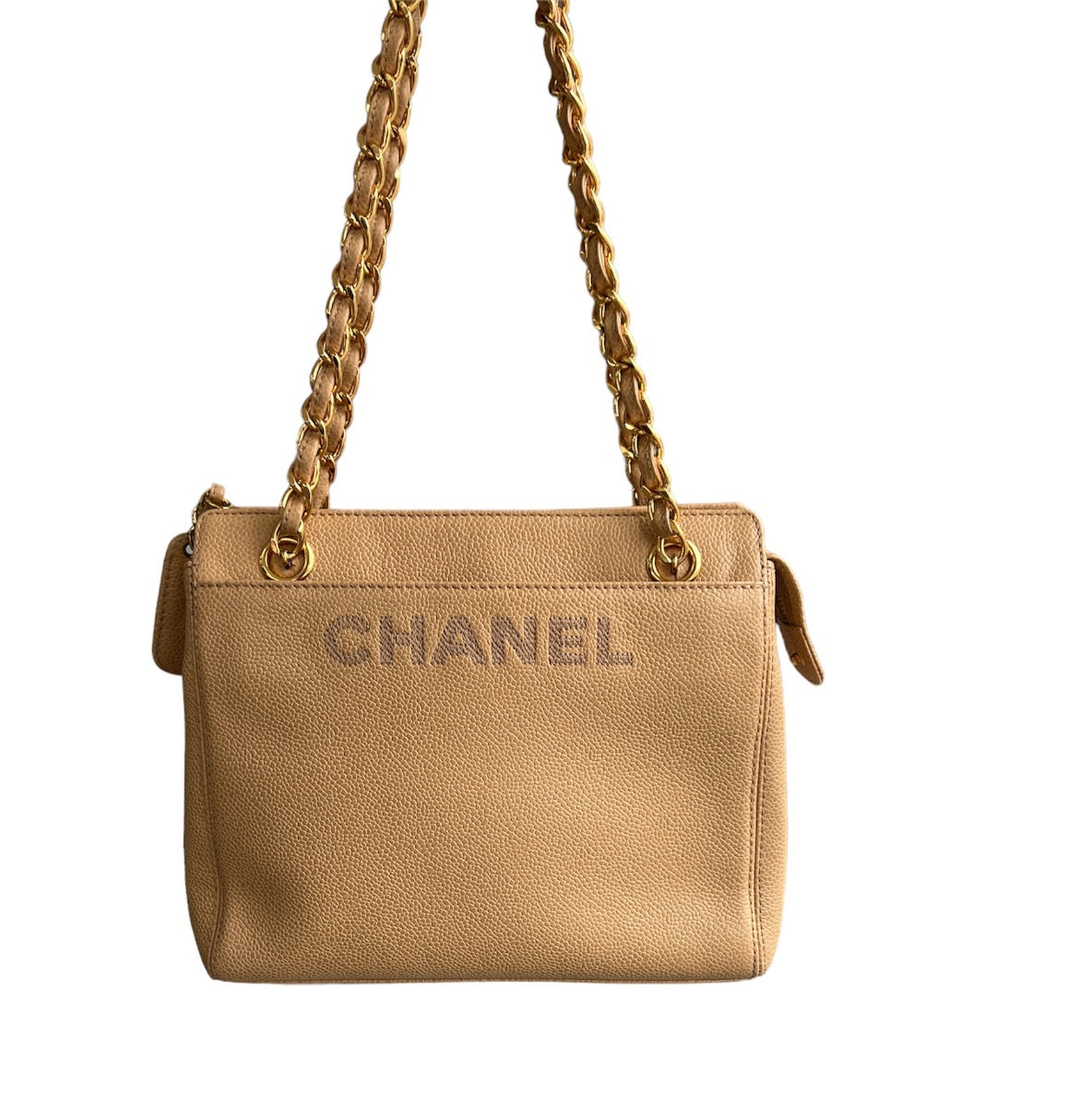 Chanel  Vintage Beige Caviar Logo Chain  small Tote Bag