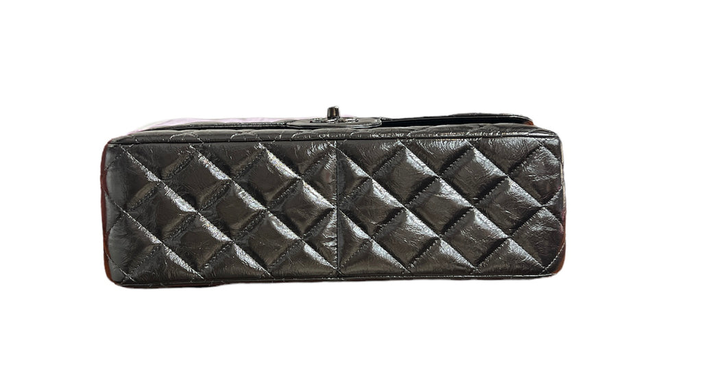 Chanel So Black Shiny Distressed Calfskin Quilted Jumbo Double Flap