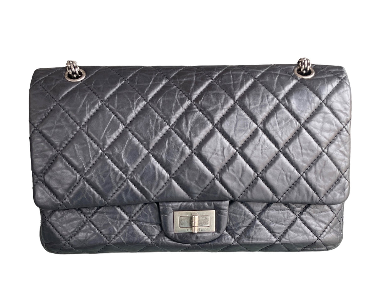 Chanel Black Aged Calfskin Quilted Double Flap 2.55 Reissue 227 Bag
