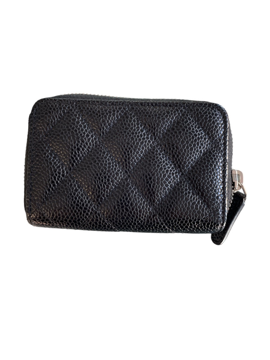 Chanel Black Caviar Zipper Card Case With Silver Hardware