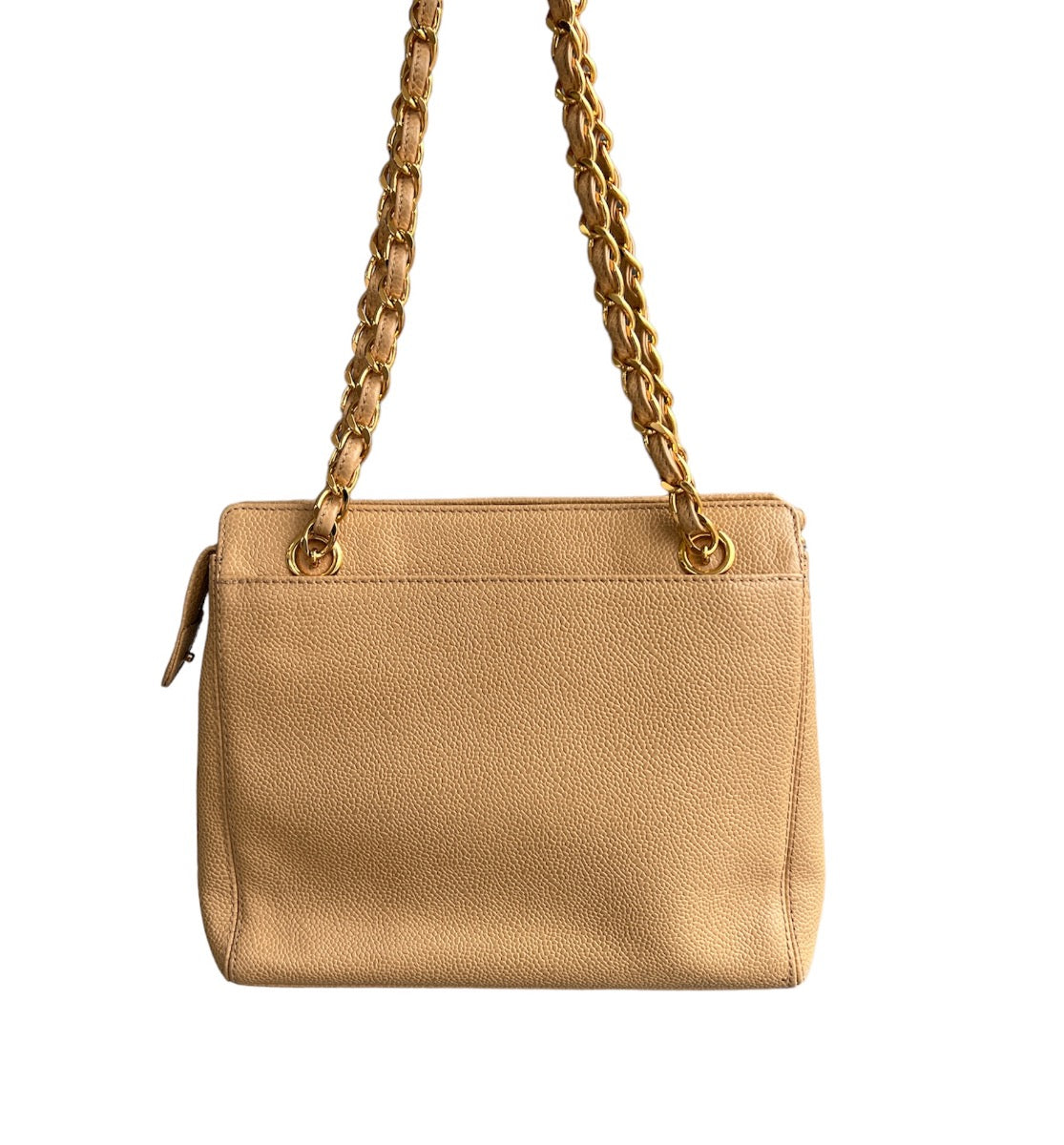 Chanel  Vintage Beige Caviar Logo Chain  small Tote Bag
