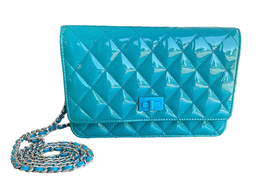 Chanel Turquoise Patent Leather Reissue Wallet On Chain