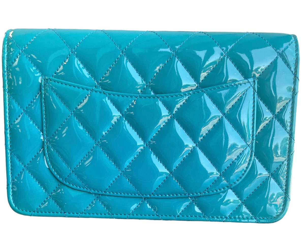 Chanel Turquoise Patent Leather Reissue Wallet On Chain