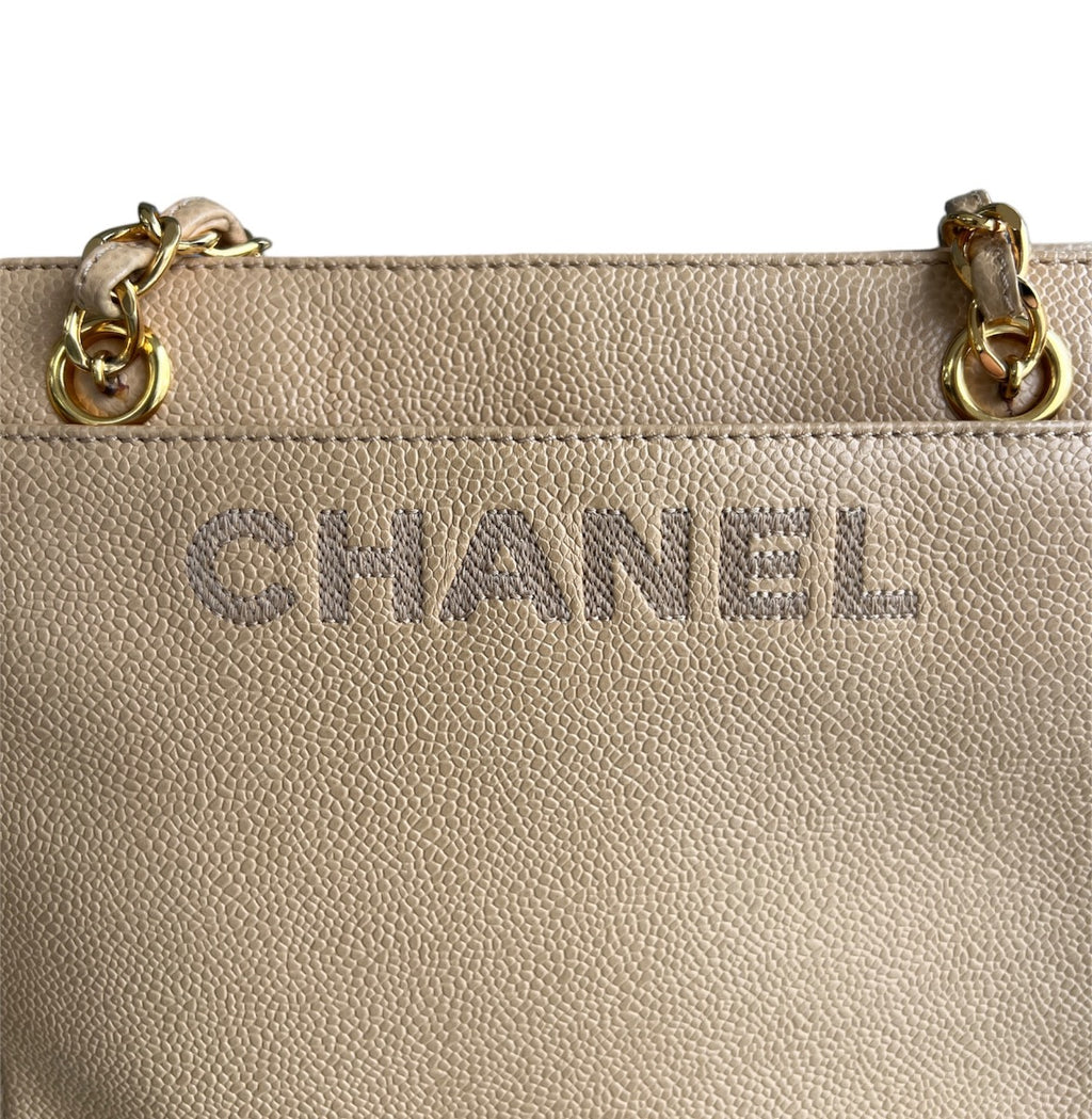 Chanel  Vintage Beige Caviar Logo Chain  small Tote Bag