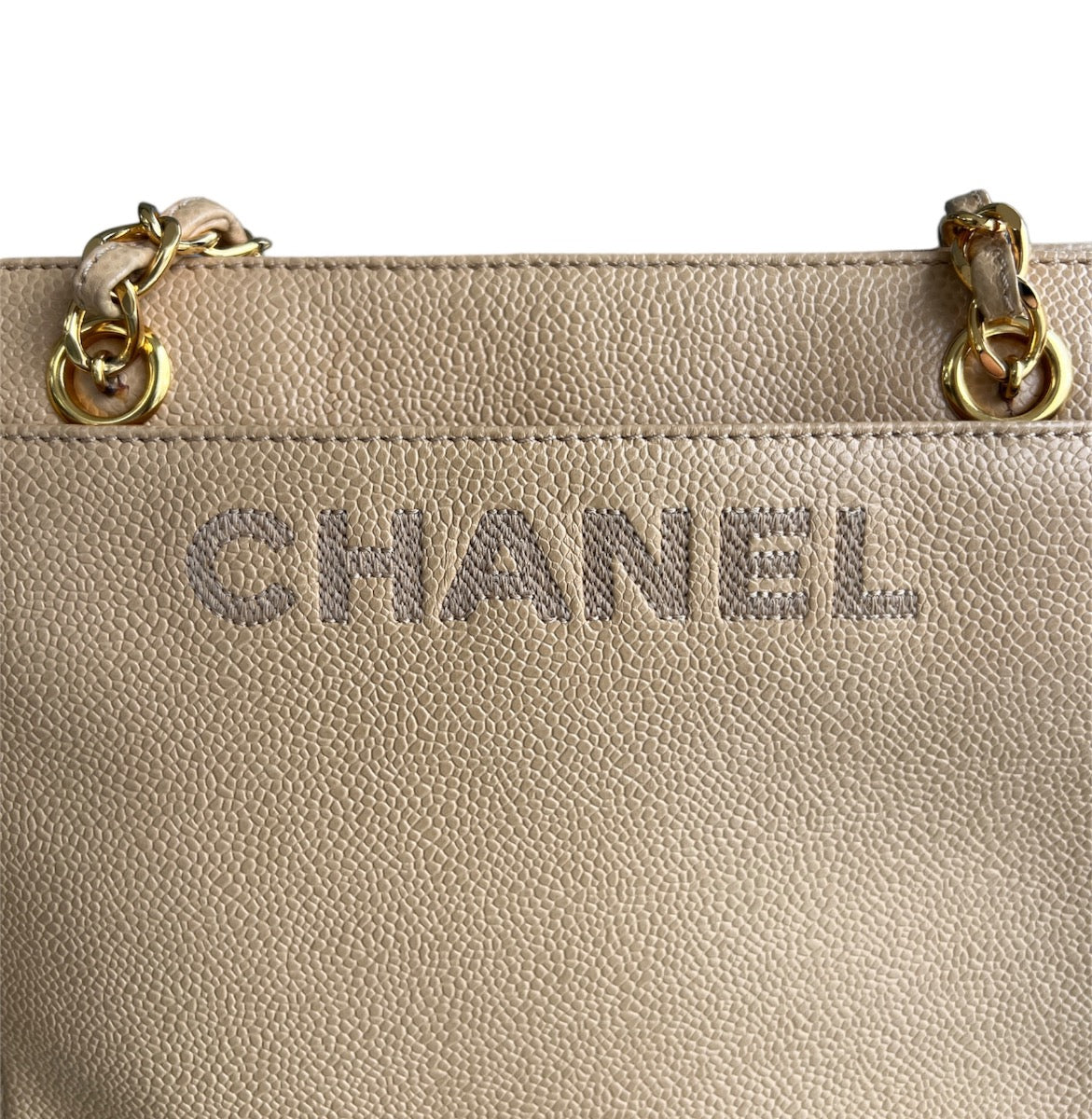 Chanel  Vintage Beige Caviar Logo Chain  small Tote Bag