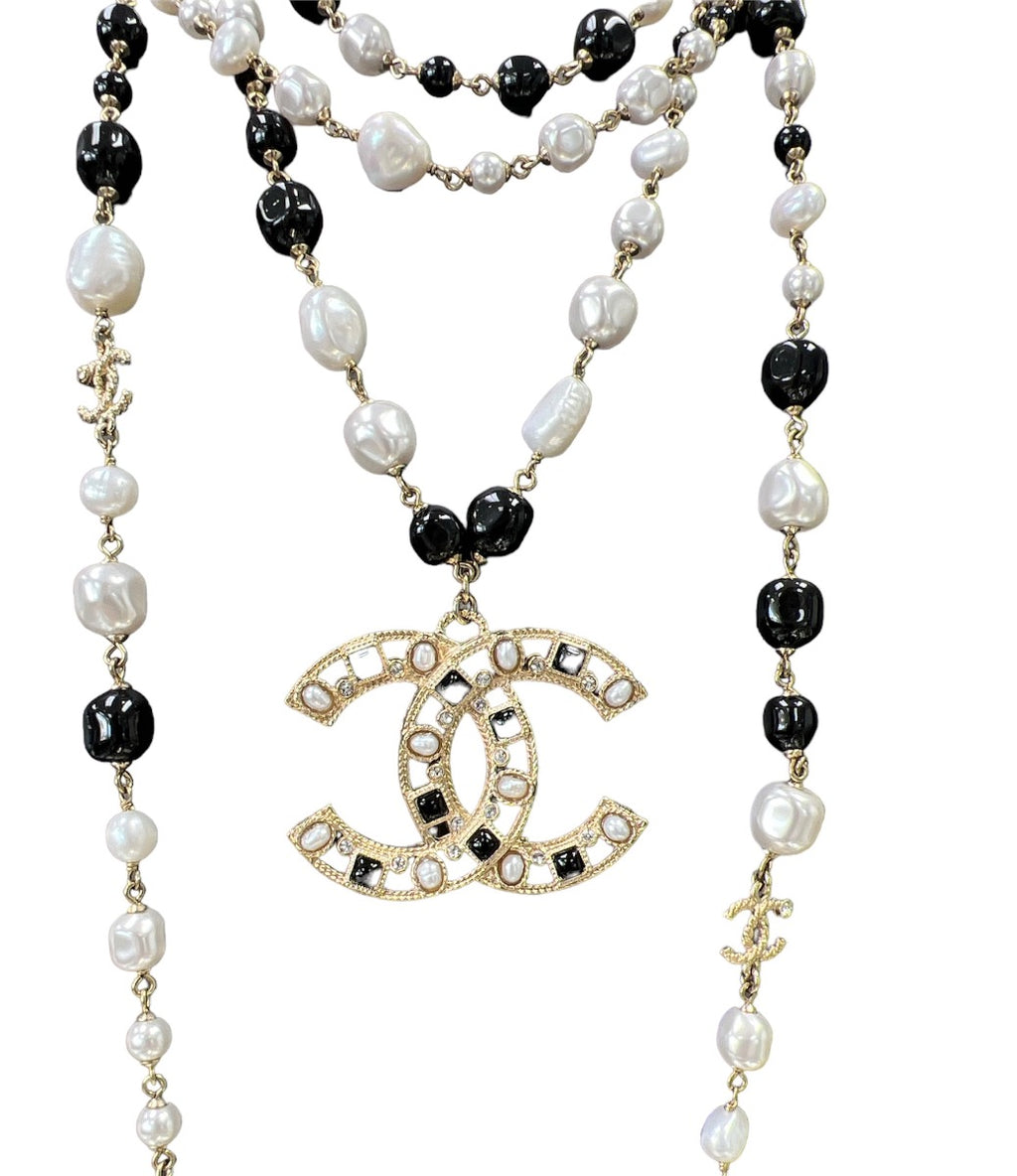 Chanel Multi Strand CC Necklace Crystal Embellished Metal with Faux Pearls