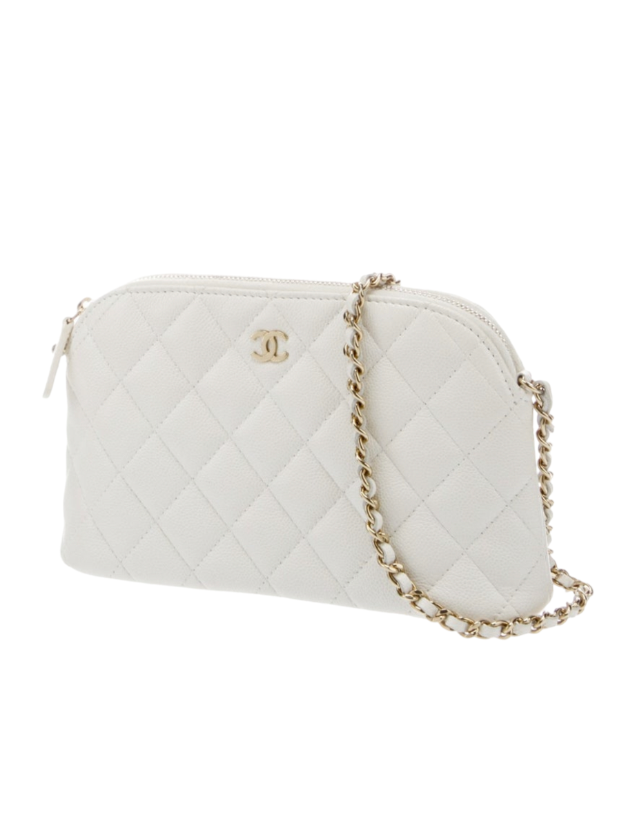 2024 Chanel White Quilted Caviar Clutch w/ Chain