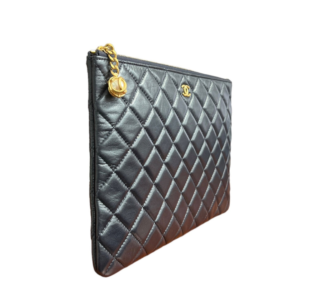 Chanel Navy Lambskin Medium Quilted O-Case