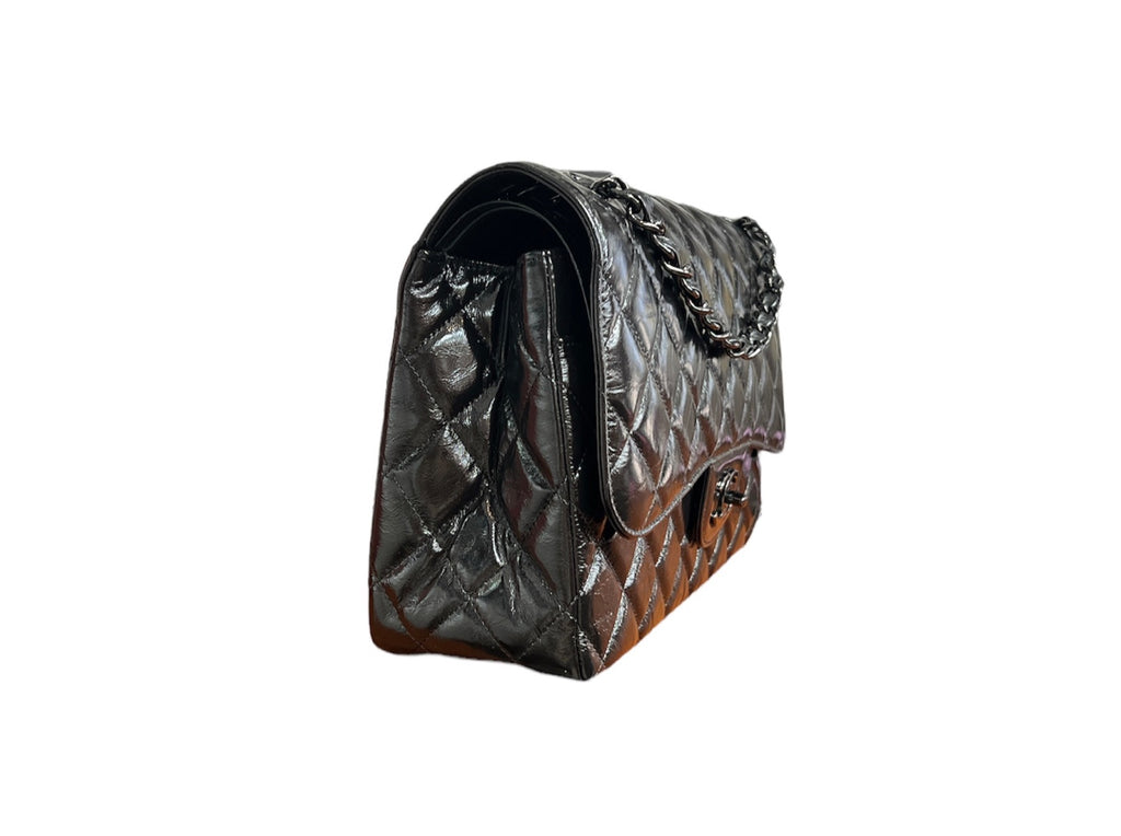 Chanel So Black Shiny Distressed Calfskin Quilted Jumbo Double Flap