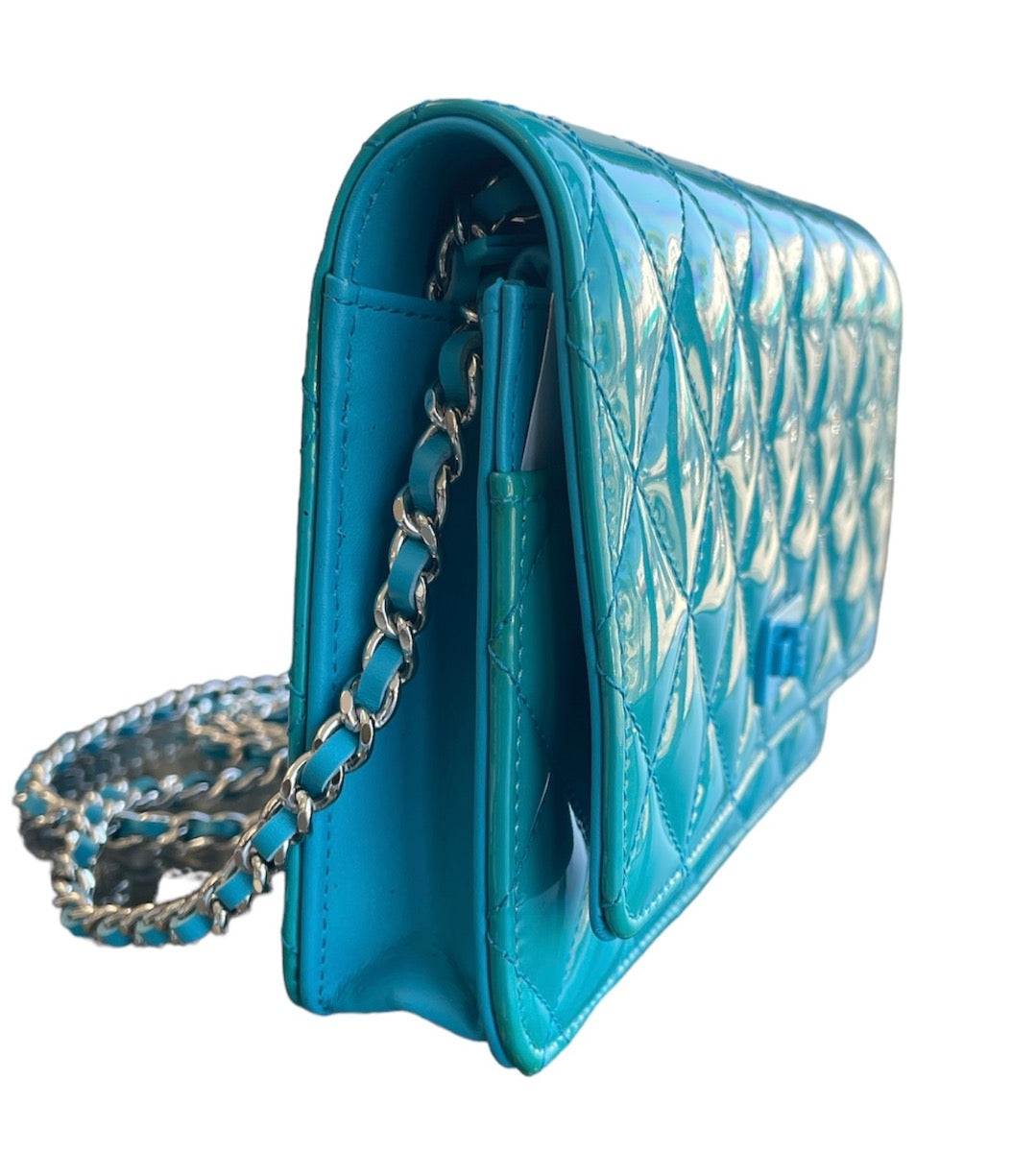 Chanel Turquoise Patent Leather Reissue Wallet On Chain