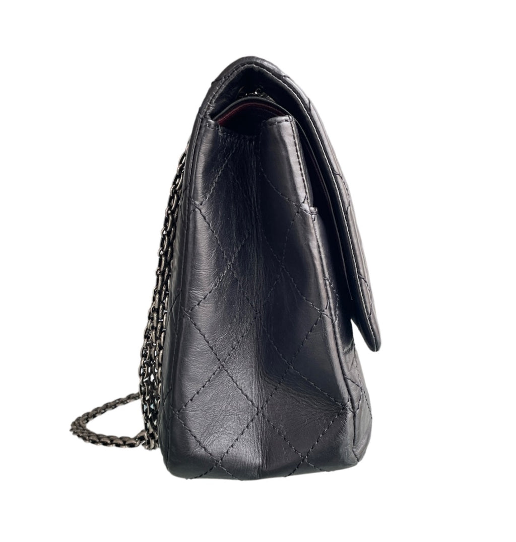 Chanel Black Aged Calfskin Quilted Double Flap 2.55 Reissue 227 Bag