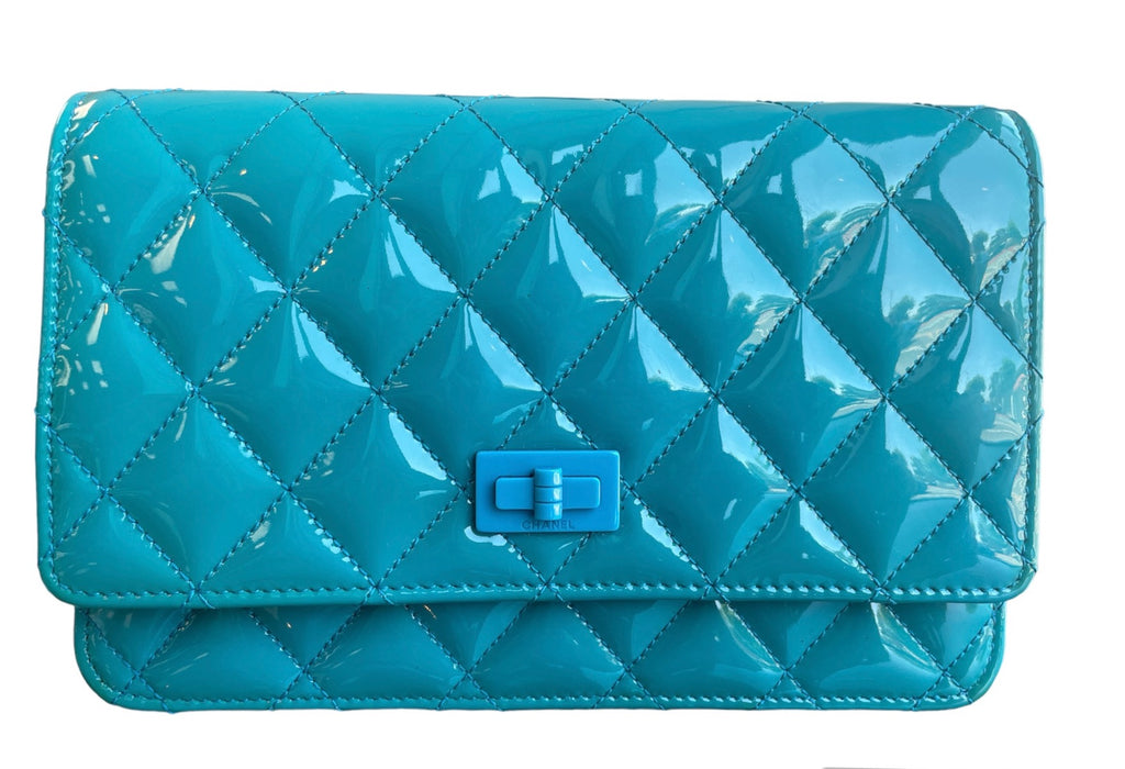 Chanel Turquoise Patent Leather Reissue Wallet On Chain