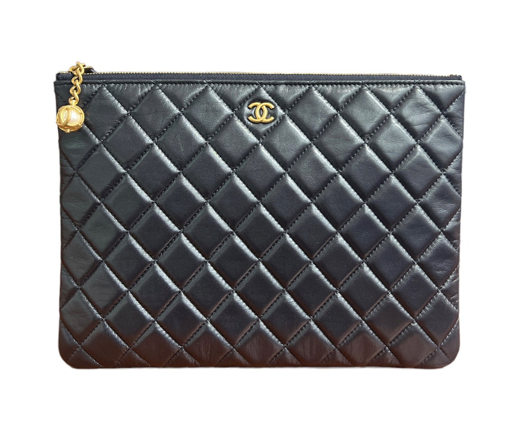 Chanel Navy Lambskin Medium Quilted O-Case