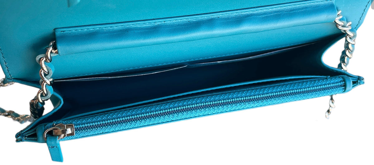 Chanel Turquoise Patent Leather Reissue Wallet On Chain