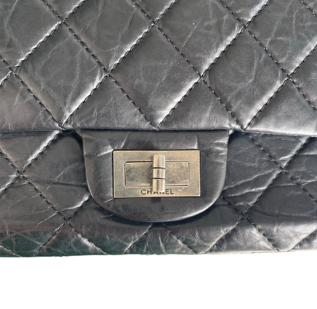 Chanel Black Aged Calfskin Quilted Double Flap 2.55 Reissue 227 Bag