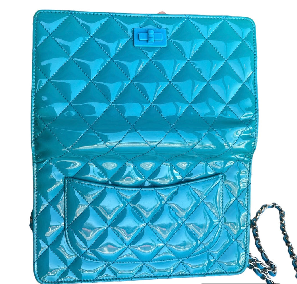 Chanel Turquoise Patent Leather Reissue Wallet On Chain