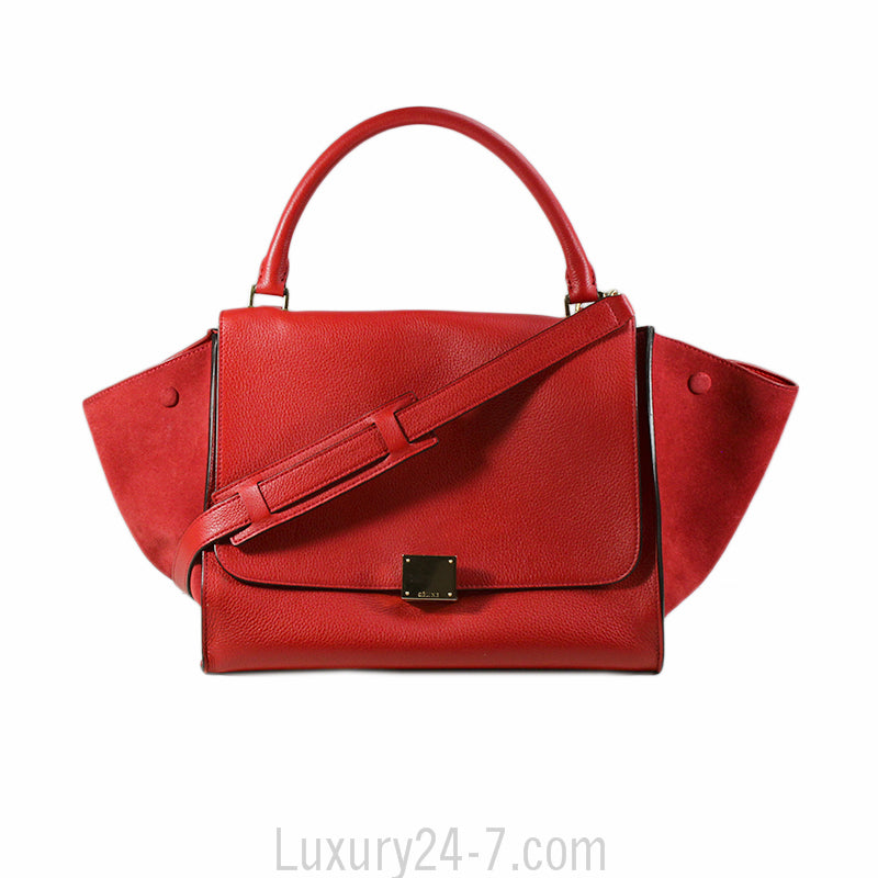 Celine Drummed Calfskin Vermillion Medium Trapeze Bag