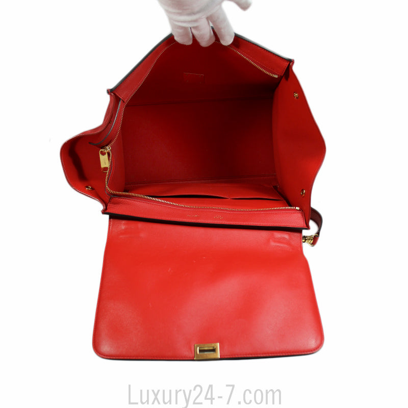 Celine Drummed Calfskin Vermillion Medium Trapeze Bag