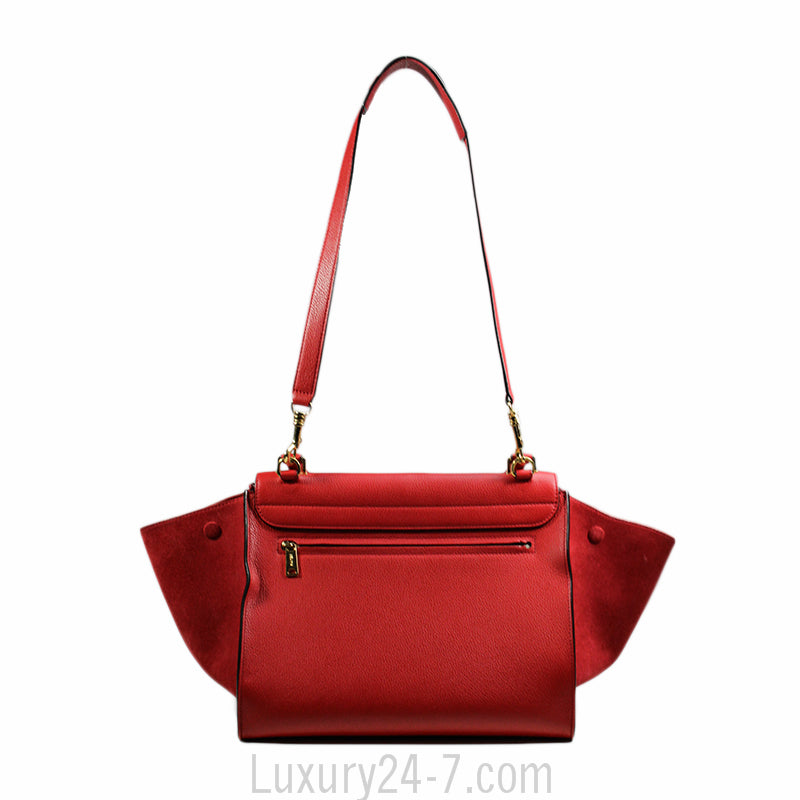 Celine Drummed Calfskin Vermillion Medium Trapeze Bag