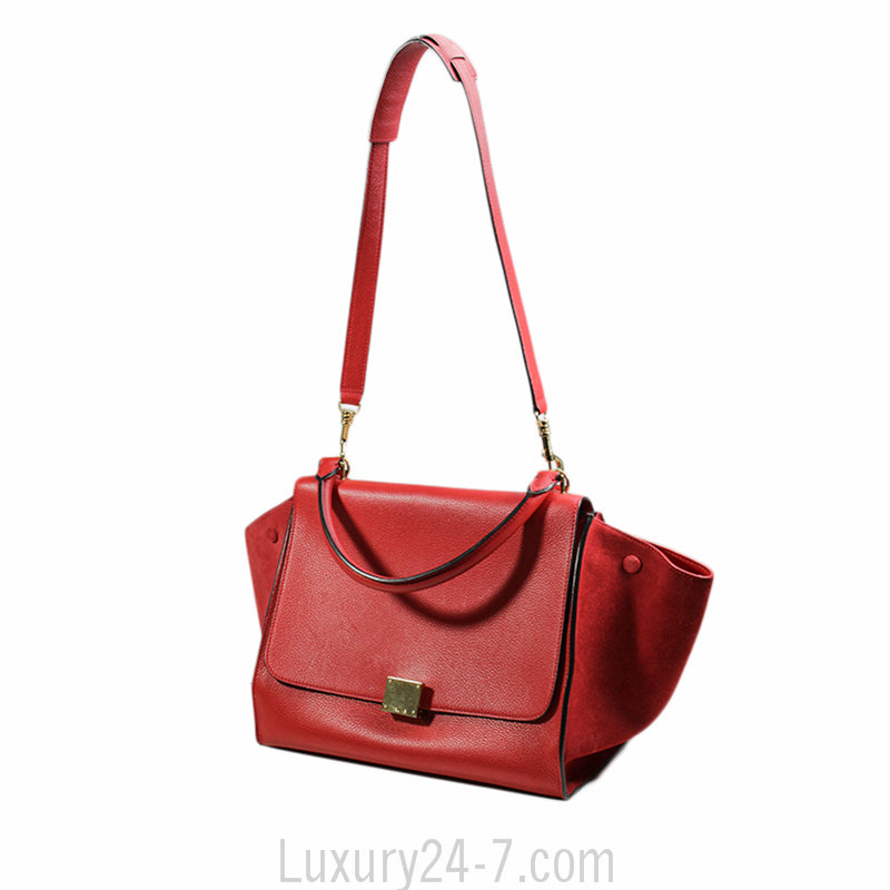 Celine Drummed Calfskin Vermillion Medium Trapeze Bag