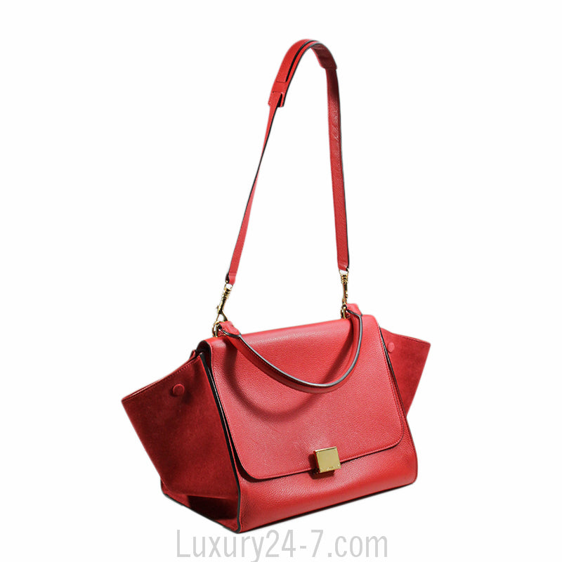Celine Drummed Calfskin Vermillion Medium Trapeze Bag