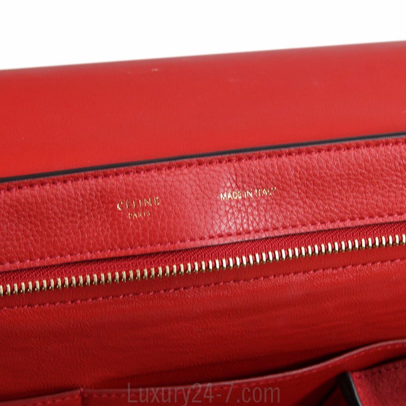 Celine Drummed Calfskin Vermillion Medium Trapeze Bag