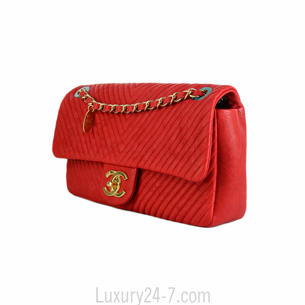 Chanel Red Chevron Medium Single Flap Bag
