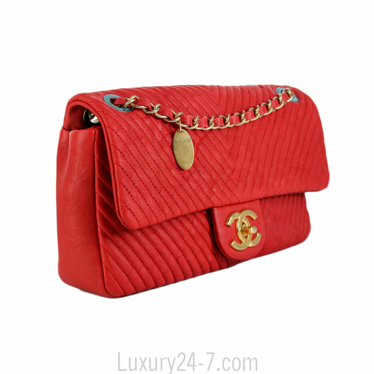 Chanel Red Chevron Medium Single Flap Bag