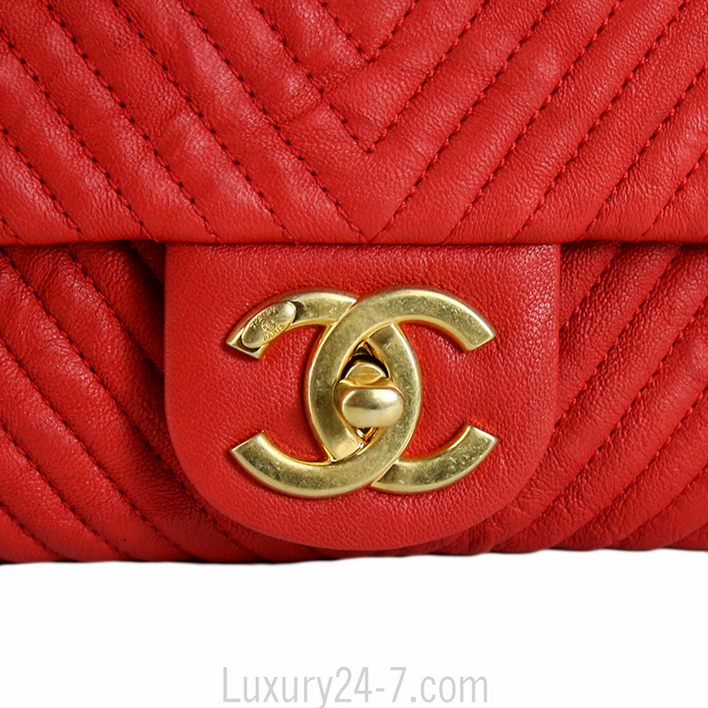 Chanel Red Chevron Medium Single Flap Bag