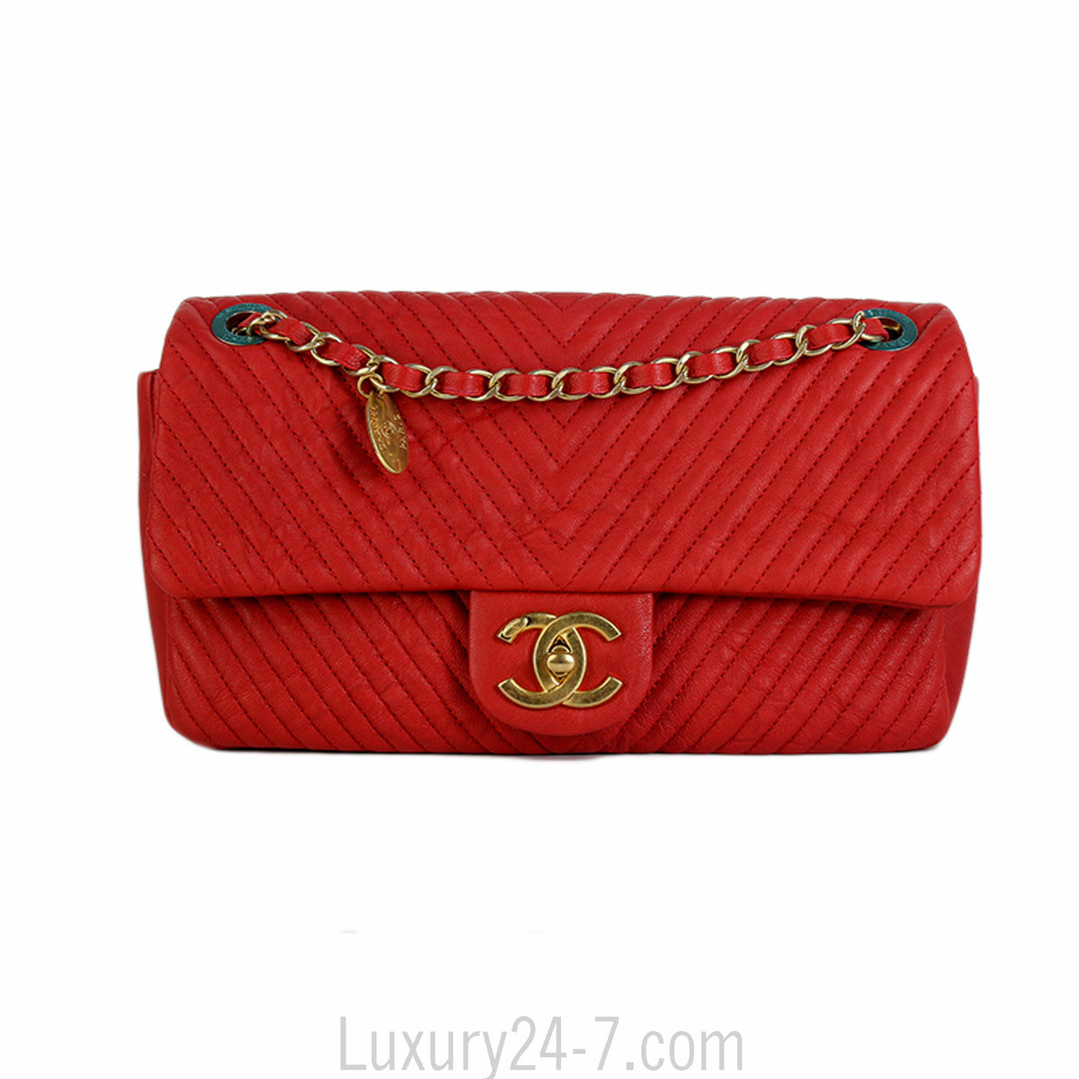 Chanel Red Chevron Medium Single Flap Bag