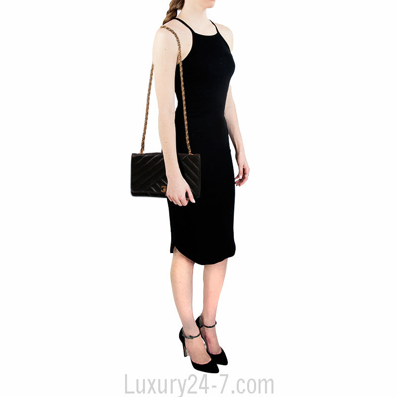 Chanel Black Lambskin Chevron Flap Bag