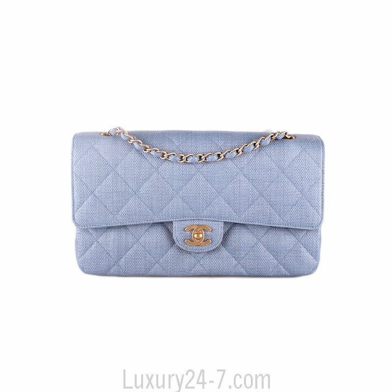 Chanel Medium Blue Straw Double Flap Bag