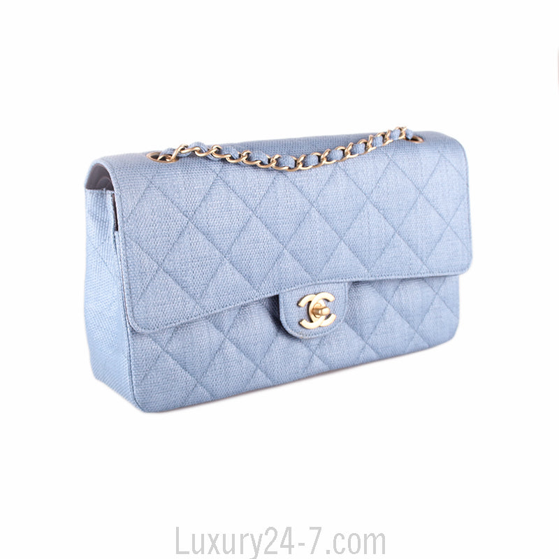 Chanel Medium Blue Straw Double Flap Bag