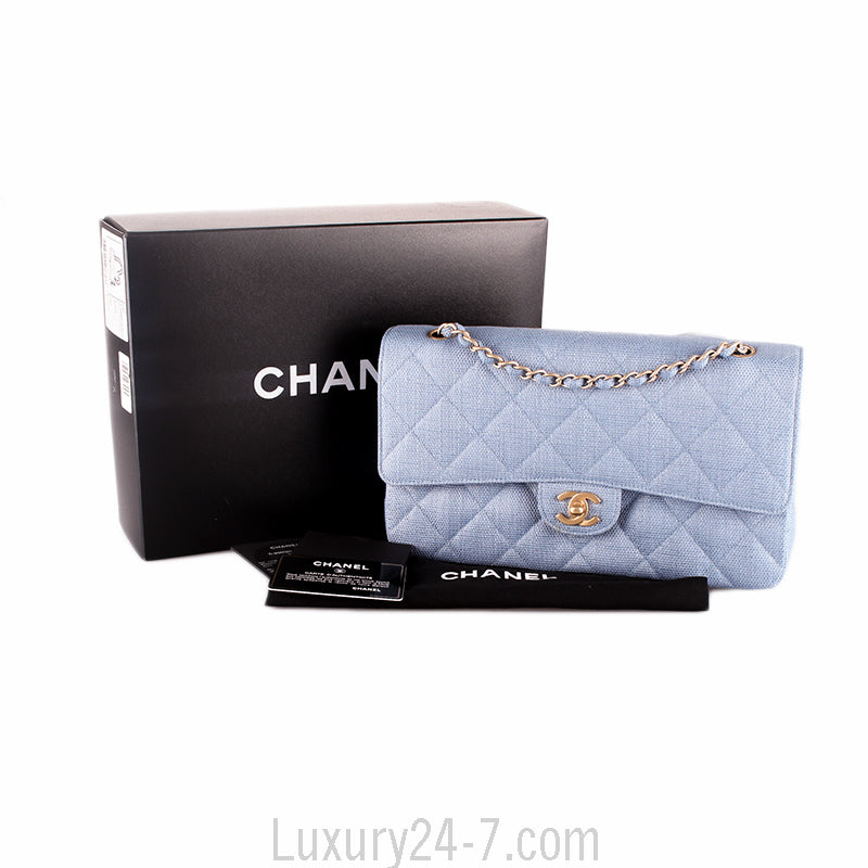 Chanel Medium Blue Straw Double Flap Bag