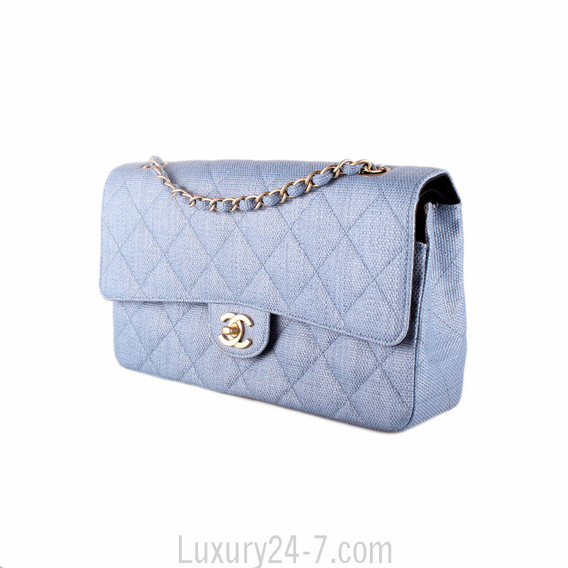 Chanel Medium Blue Straw Double Flap Bag